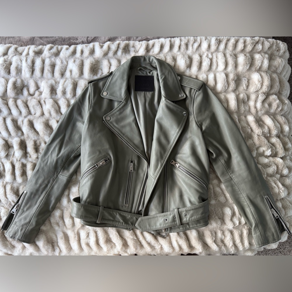 AllSaints Balfern Sage Green Leather Moto Jacket US10 EU 42 Belted